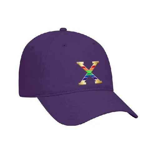 Purple Baseball Cap with Gold/Rainbow "X" Embroidered above the bill